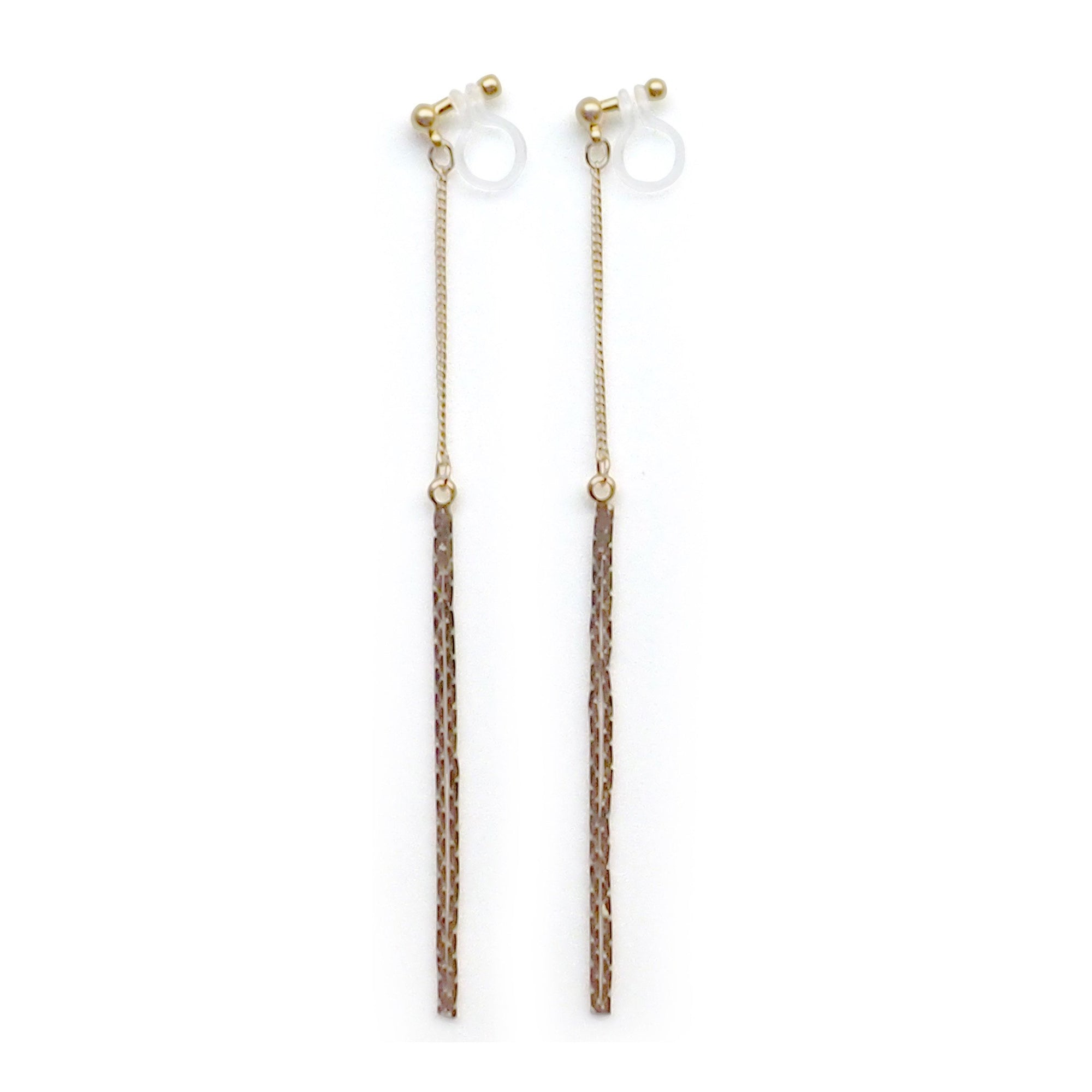 Metallic gold chain threader invisible clip on earrings - miyabigracejewelry.com