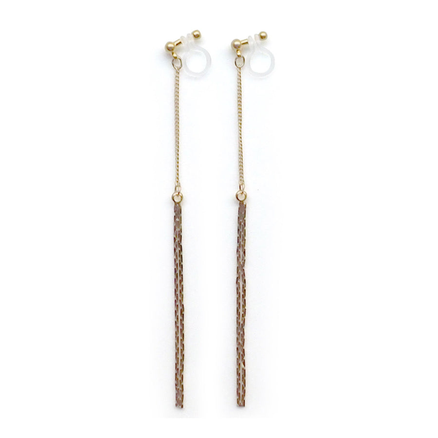 Metallic gold chain threader invisible clip on earrings - miyabigracejewelry.com
