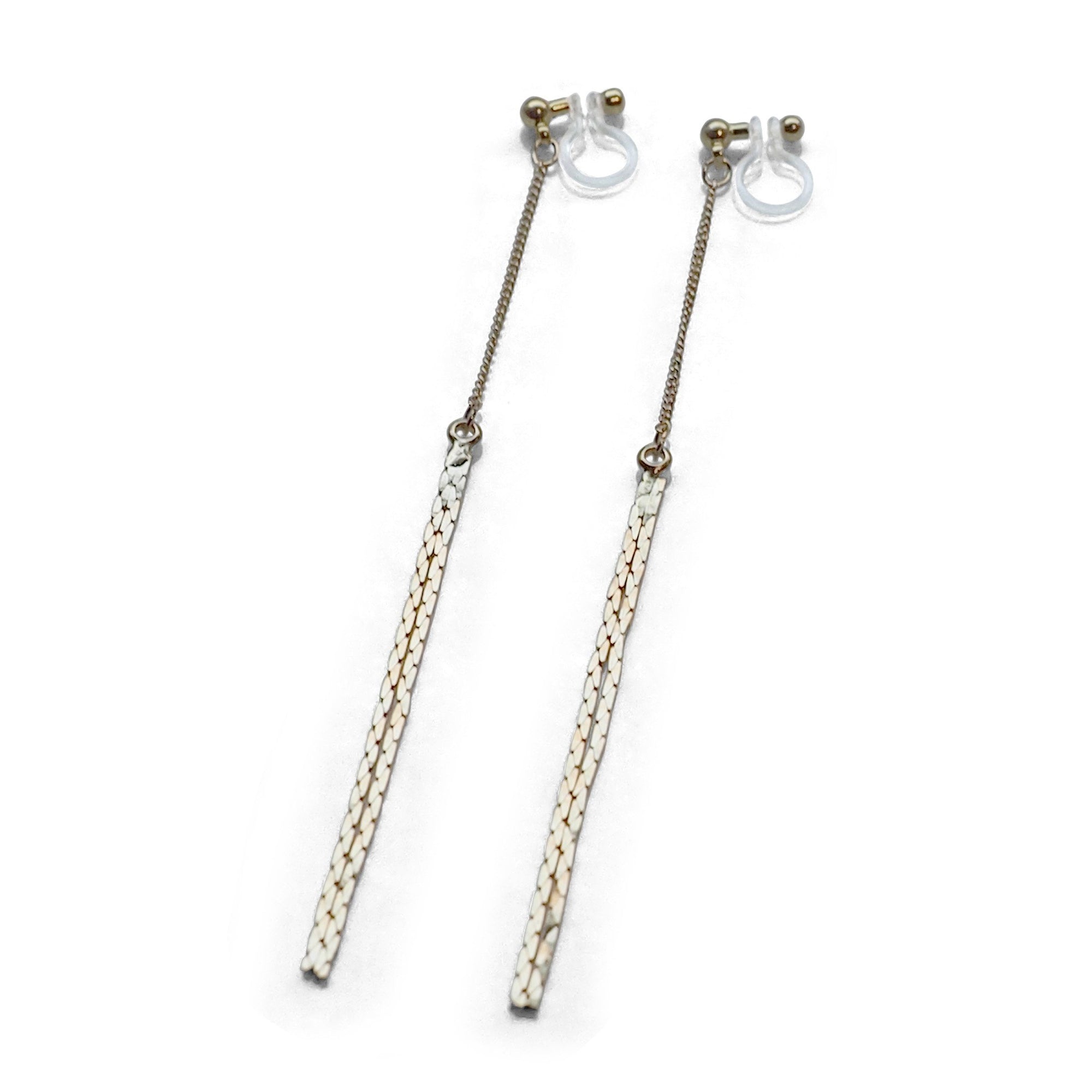 Metallic gold chain threader invisible clip on earrings - miyabigracejewelry.com