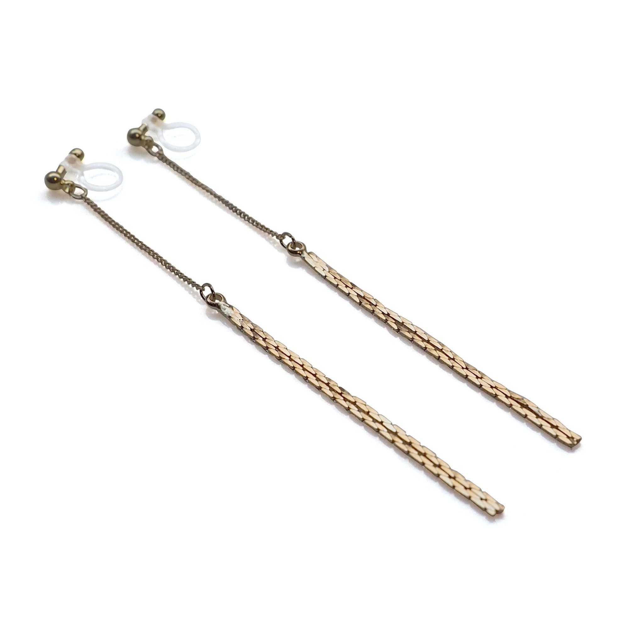 Metallic gold chain threader invisible clip on earrings - miyabigracejewelry.com