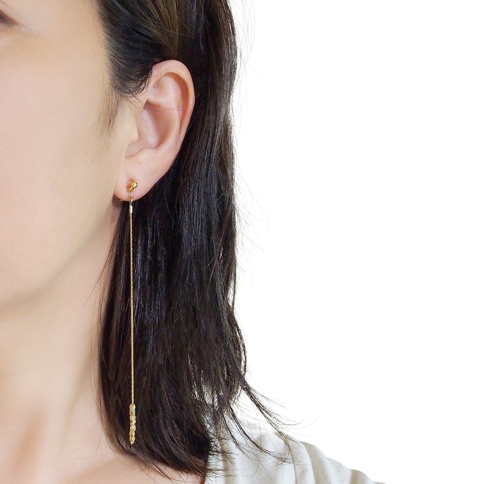 Dangle gold chain & beads invisible clip on earrings - Miyabi Grace