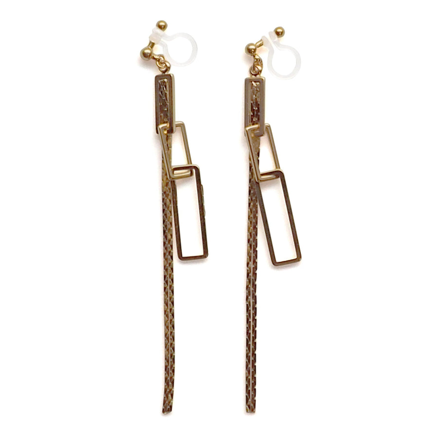 Gold chain and rectangular motif invisible clip on earrings - miyabigracejewelry.com