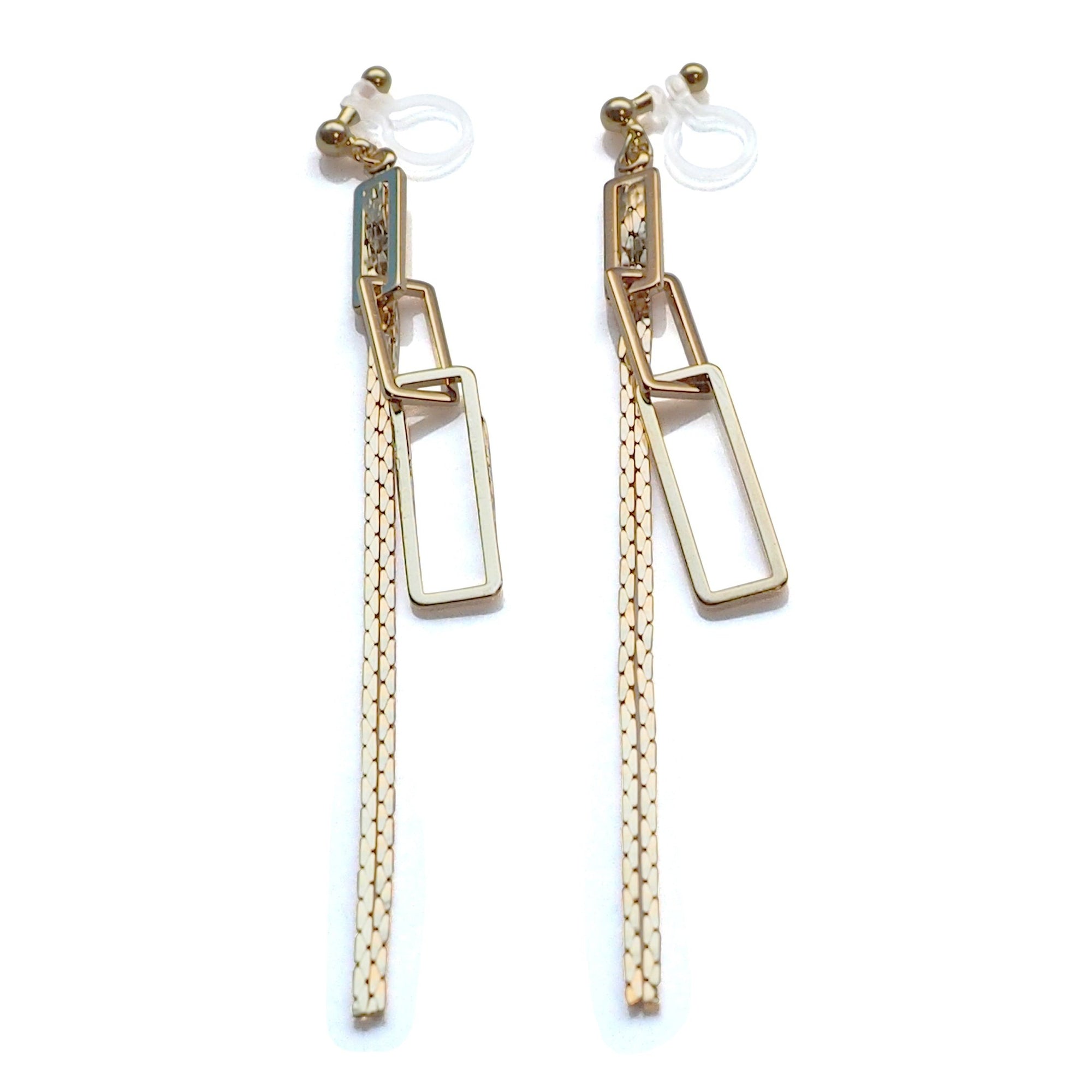 Gold chain and rectangular motif invisible clip on earrings - miyabigracejewelry.com