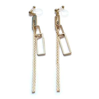 Gold chain and rectangular motif invisible clip on earrings - miyabigracejewelry.com