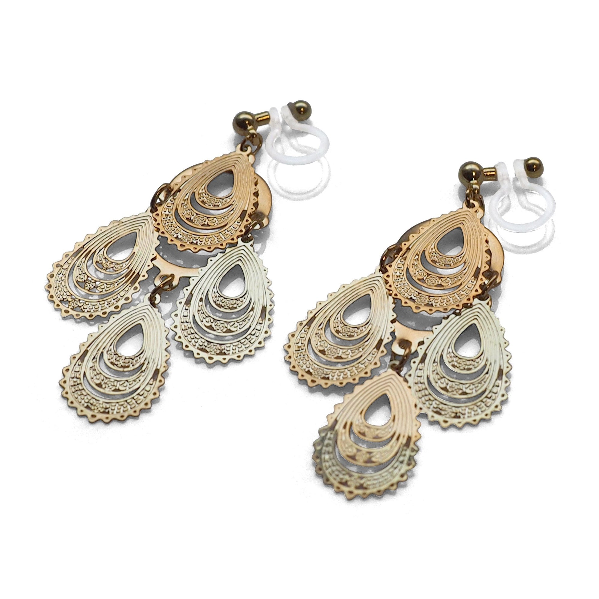 Dangle gold filigree invisible clip on earrings - miyabigracejewelry.com