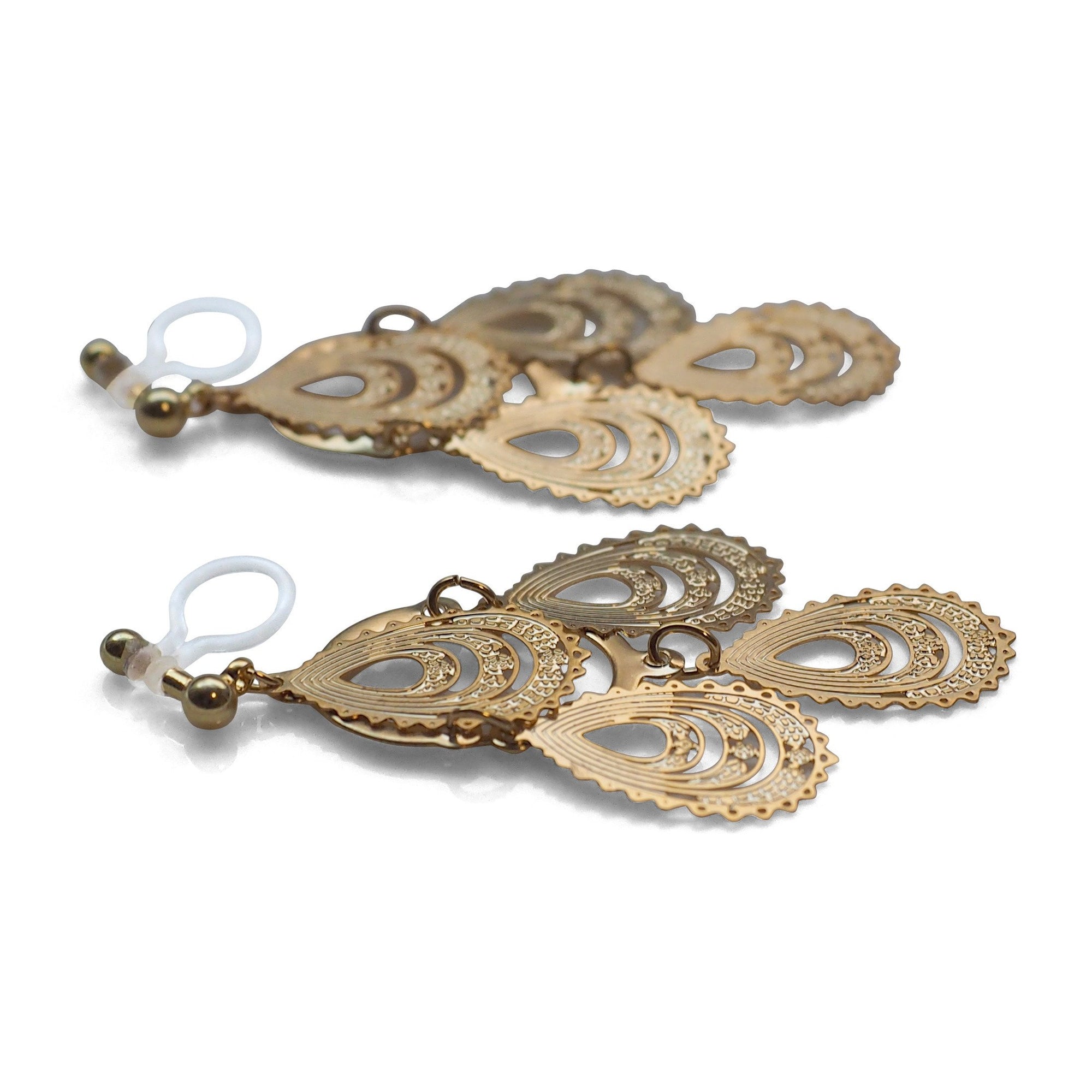 Dangle gold filigree invisible clip on earrings - miyabigracejewelry.com
