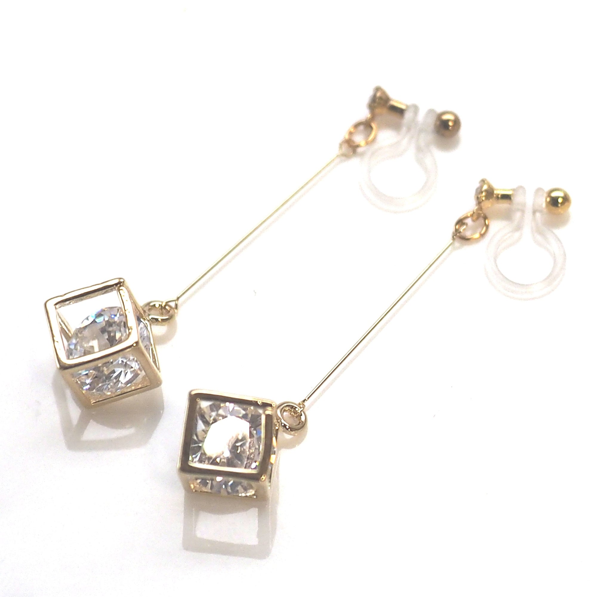 Cubic zirconia crystal in gold cube invisible clip on earrings - miyabigracejewelry.com