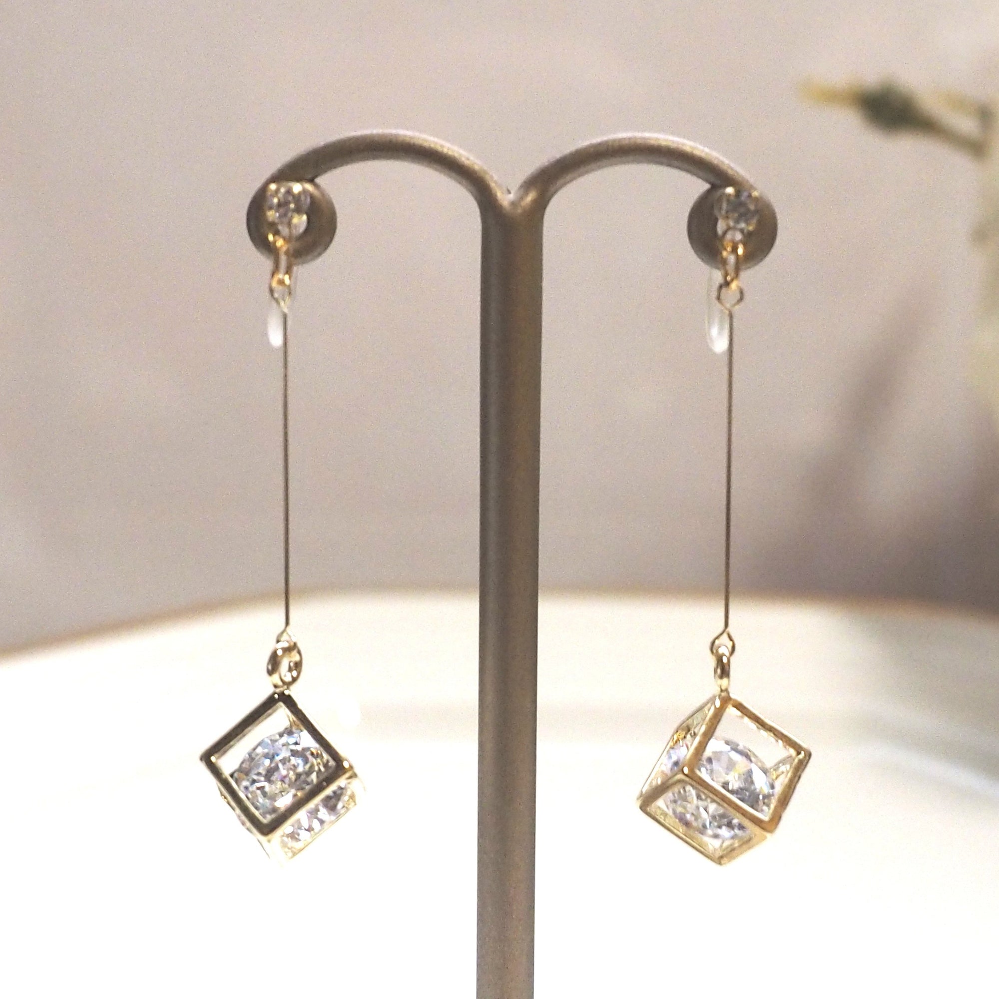 Cubic zirconia crystal in gold cube invisible clip on earrings - miyabigracejewelry.com