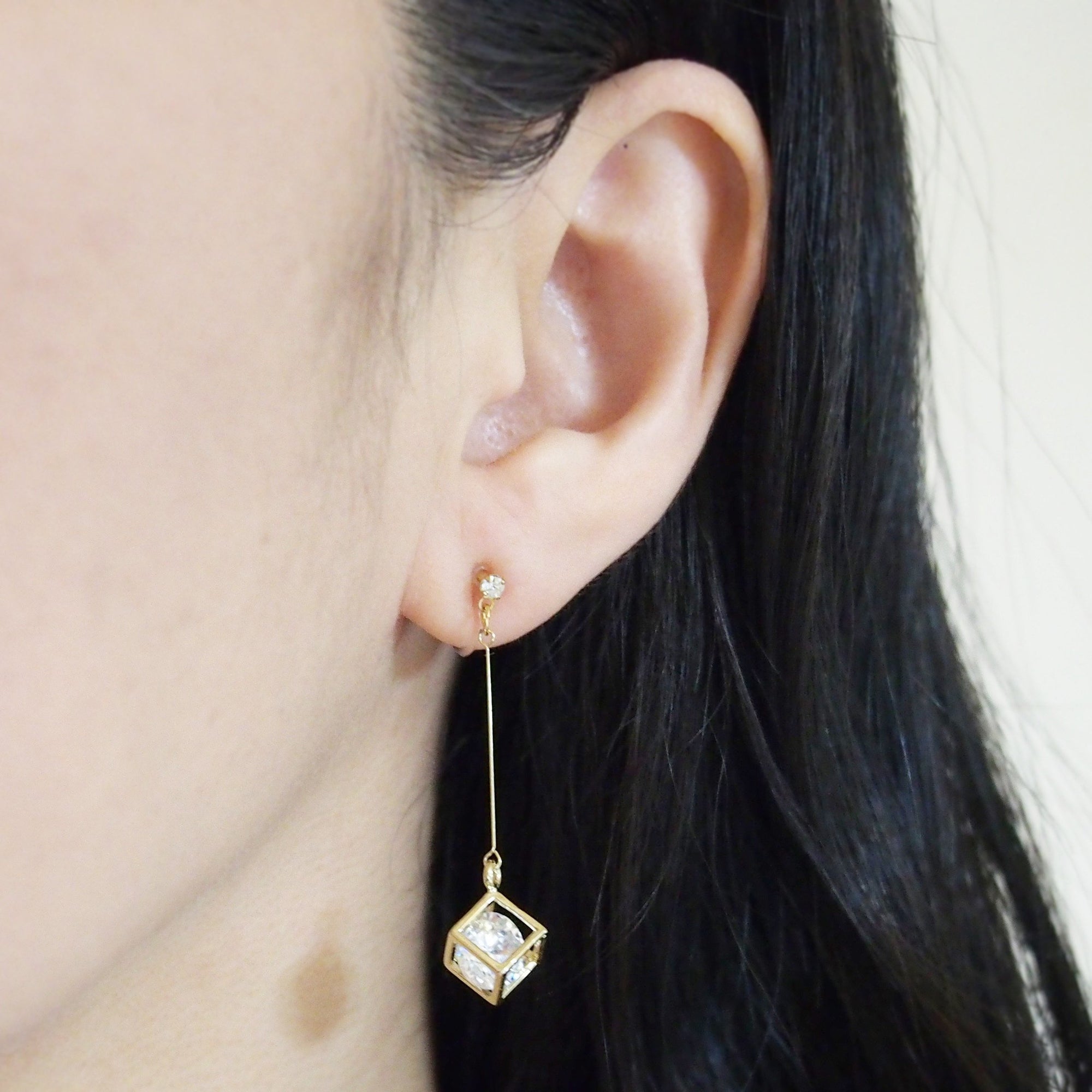 Cubic zirconia crystal in gold cube invisible clip on earrings - miyabigracejewelry.com