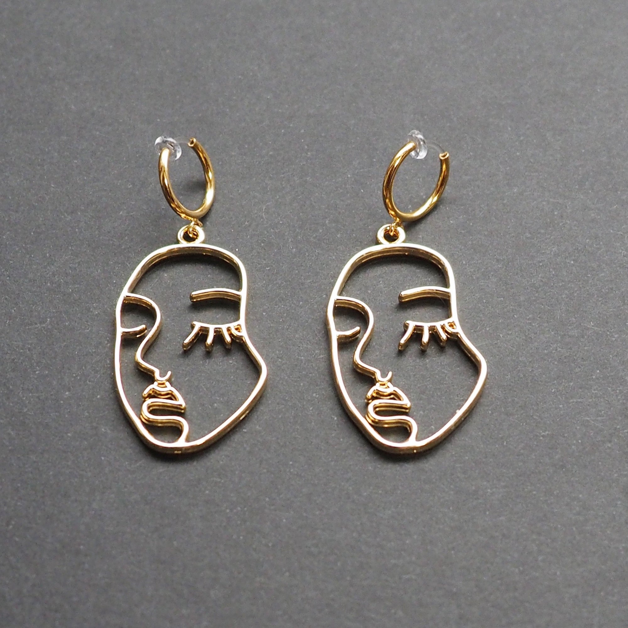 Gold human face clip on hoop earrings - Miyabi Grace