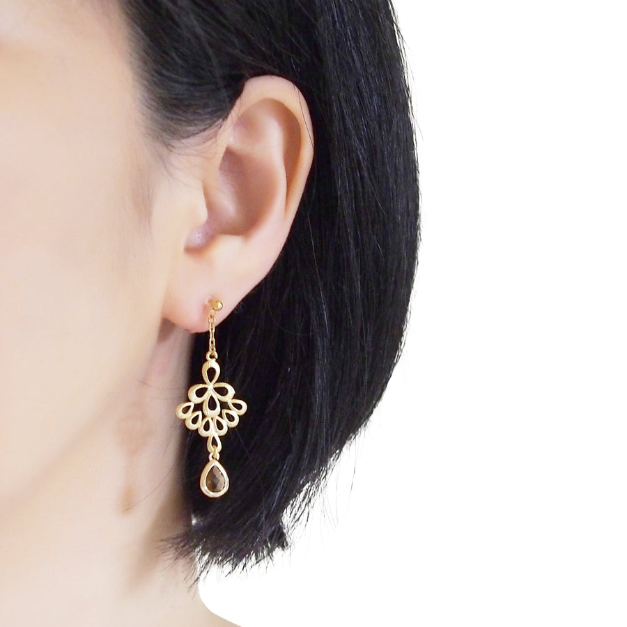 Gold peacock feather with brown teardrop glass invisible clip on earrings - miyabigracejewelry.com