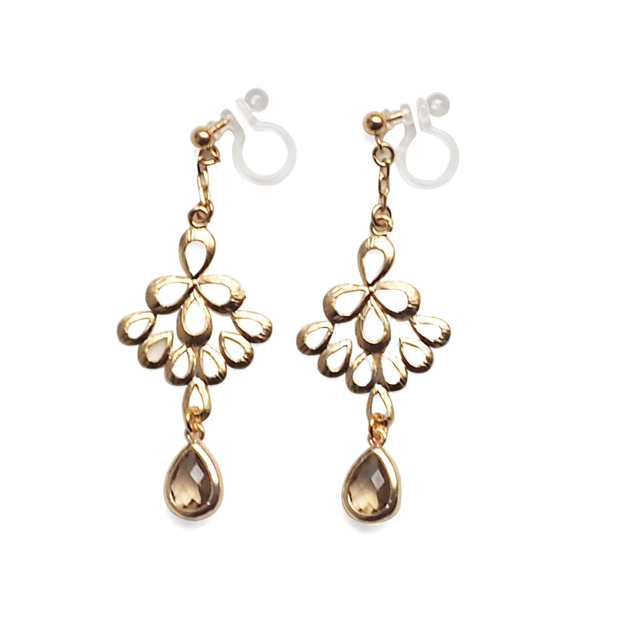 Gold peacock feather with brown teardrop glass invisible clip on earrings - miyabigracejewelry.com