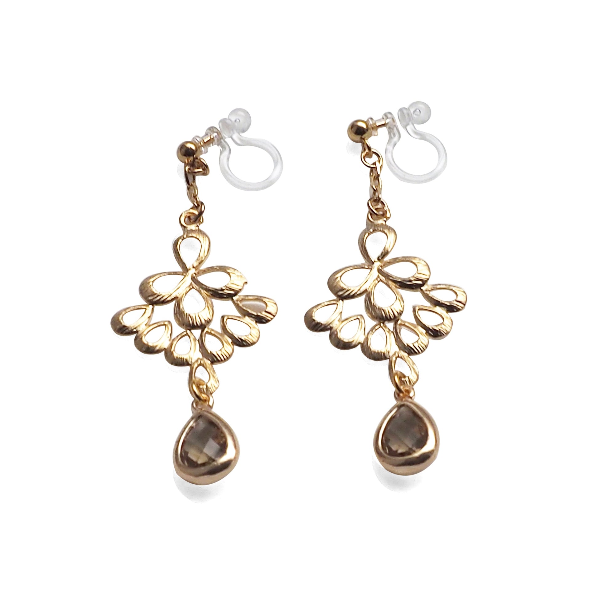 Gold peacock feather with brown teardrop glass invisible clip on earrings - miyabigracejewelry.com