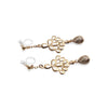 Gold peacock feather with brown teardrop glass invisible clip on earrings - miyabigracejewelry.com