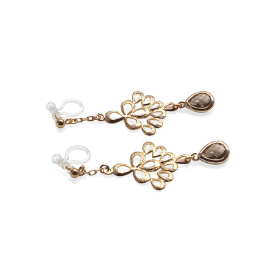 Gold peacock feather with brown teardrop glass invisible clip on earrings - miyabigracejewelry.com