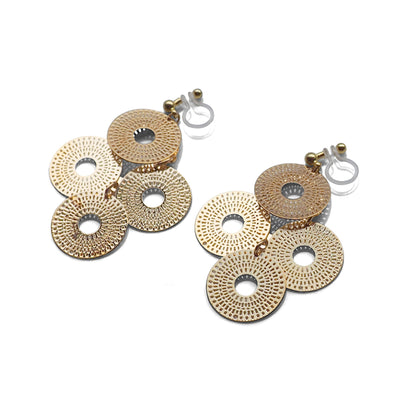 Dangle gold circle filigree invisible clip on earrings - miyabigracejewelry.com