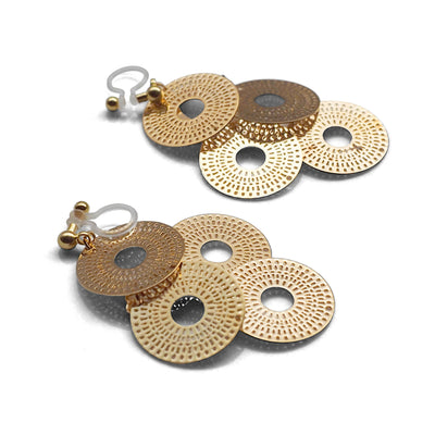 Dangle gold circle filigree invisible clip on earrings - miyabigracejewelry.com
