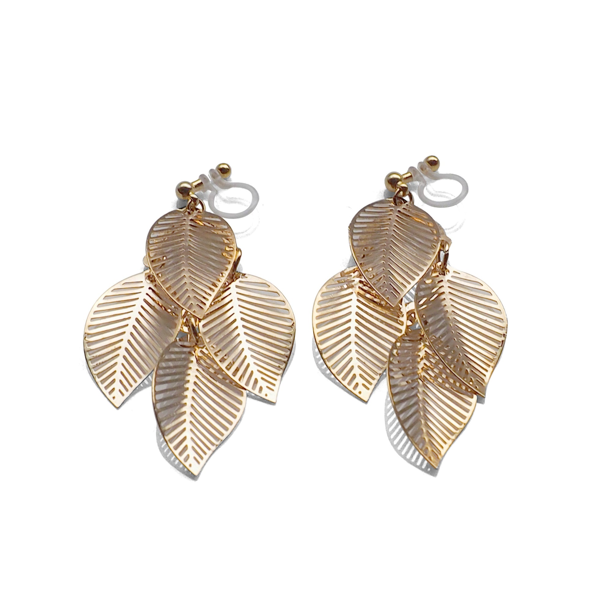 Gold four leaf filigree invisible clip on earrings - miyabigracejewelry.com