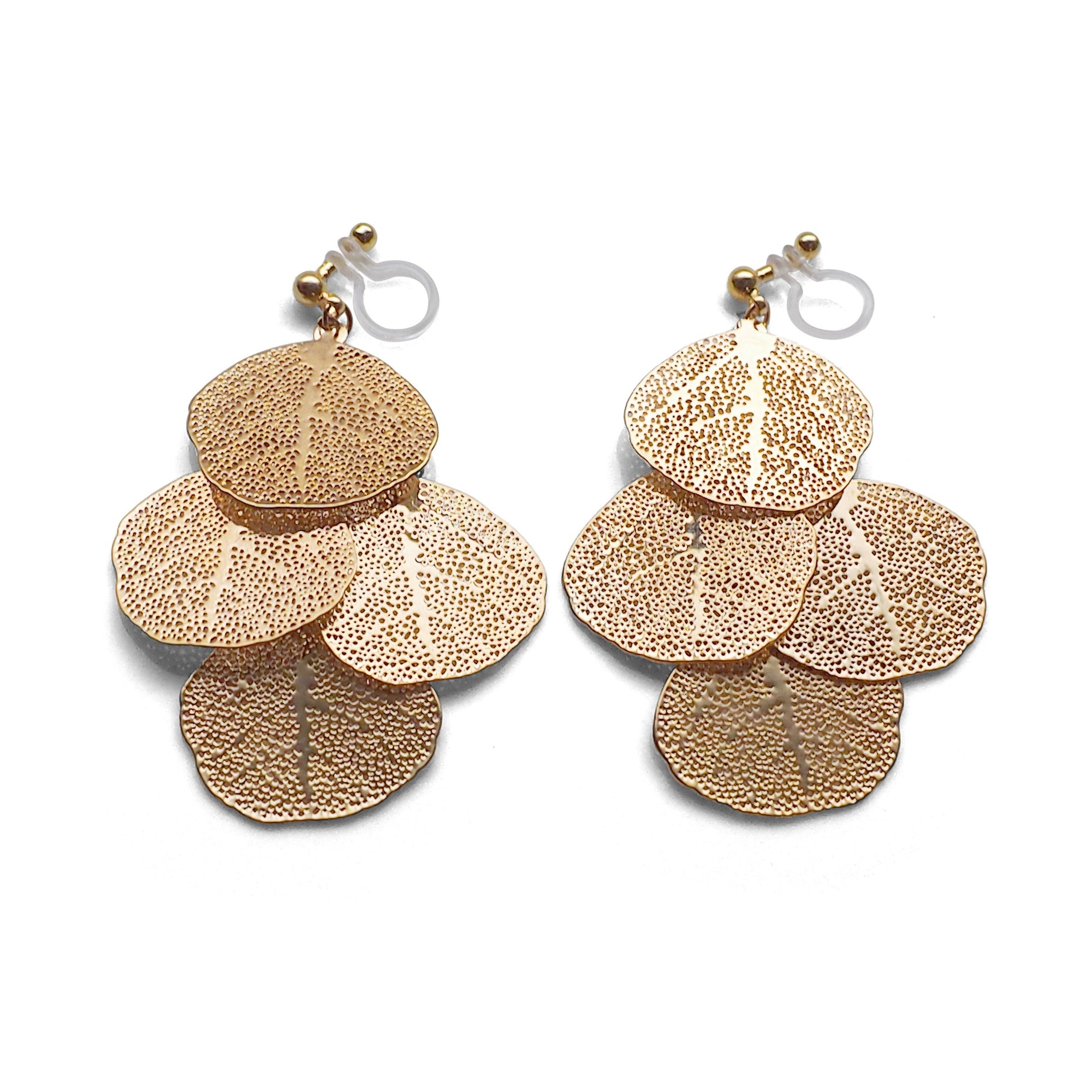 Dangle gold four leaf filigree invisible clip on earrings - Miyabi Grace