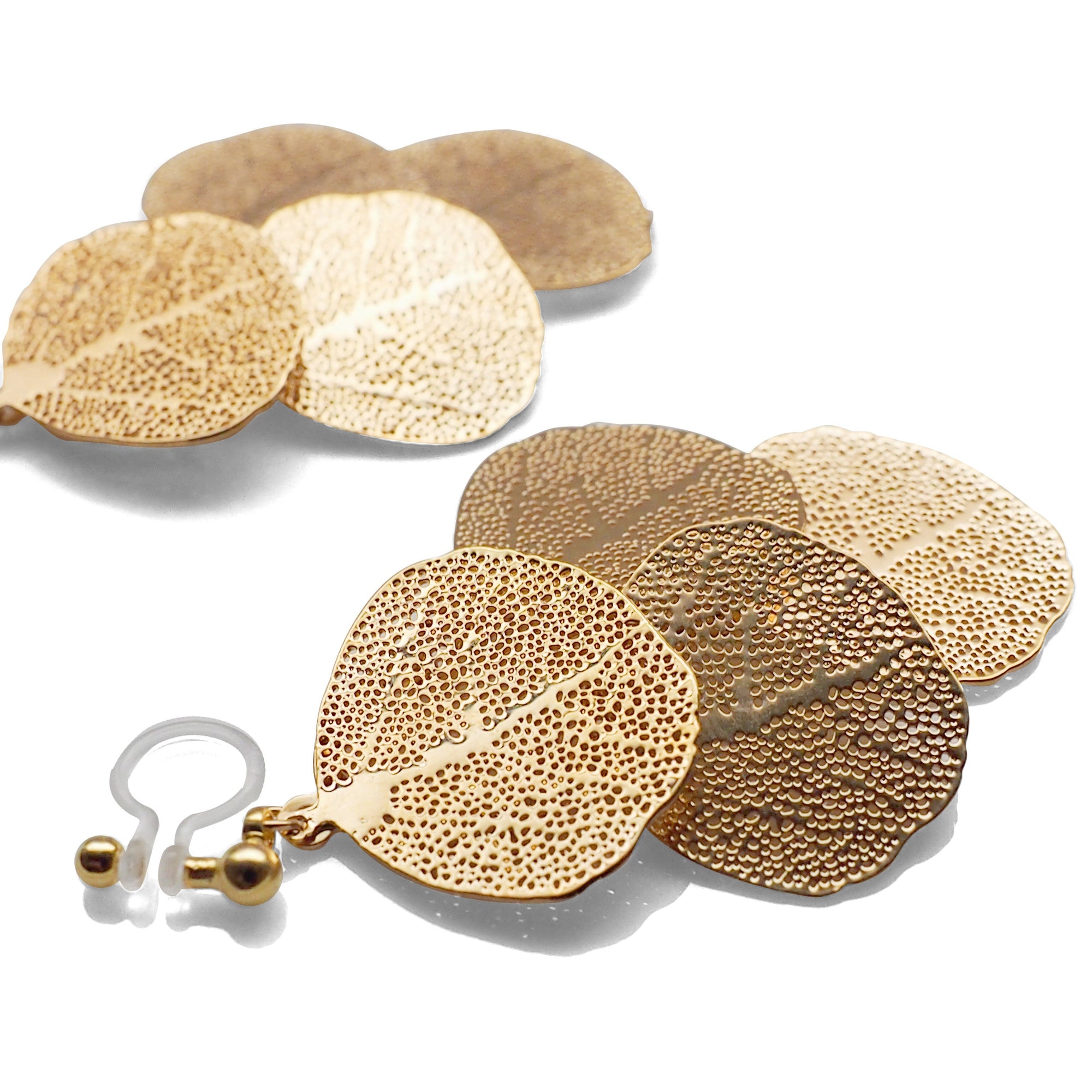 Dangle gold four leaf filigree invisible clip on earrings - Miyabi Grace