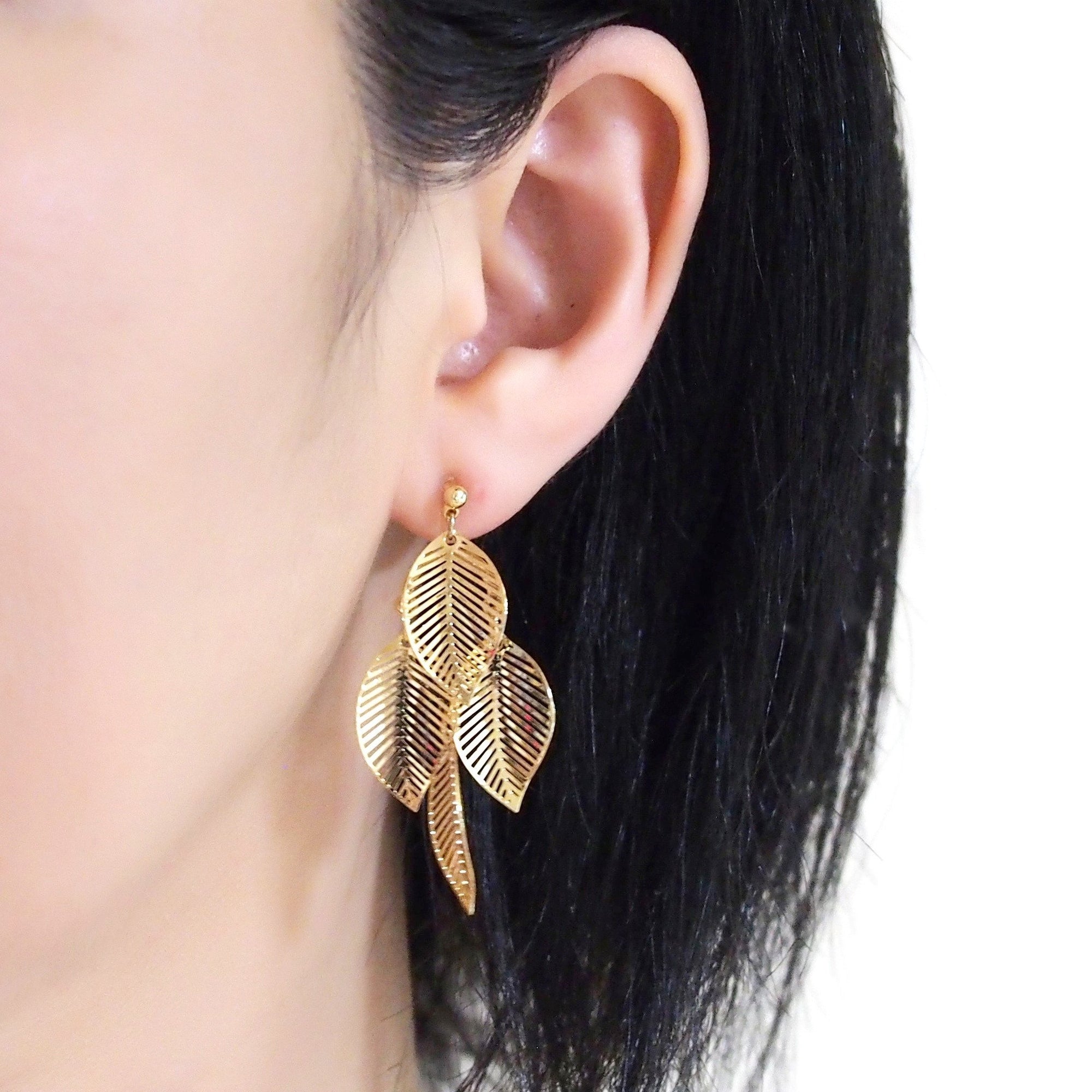 Gold four leaf filigree invisible clip on earrings - miyabigracejewelry.com