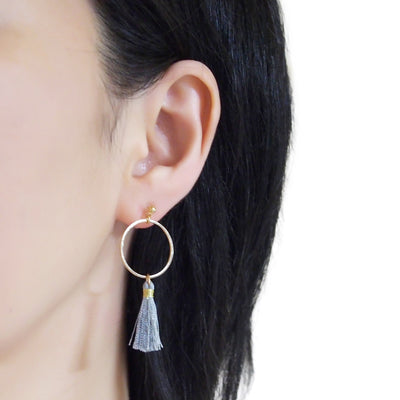 Gray tassel and gold hoop invisible clip on earrings - Miyabi Grace