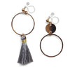 Gray tassel and gold hoop invisible clip on earrings - Miyabi Grace