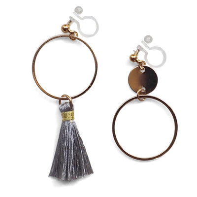 Gray tassel and gold hoop invisible clip on earrings - Miyabi Grace