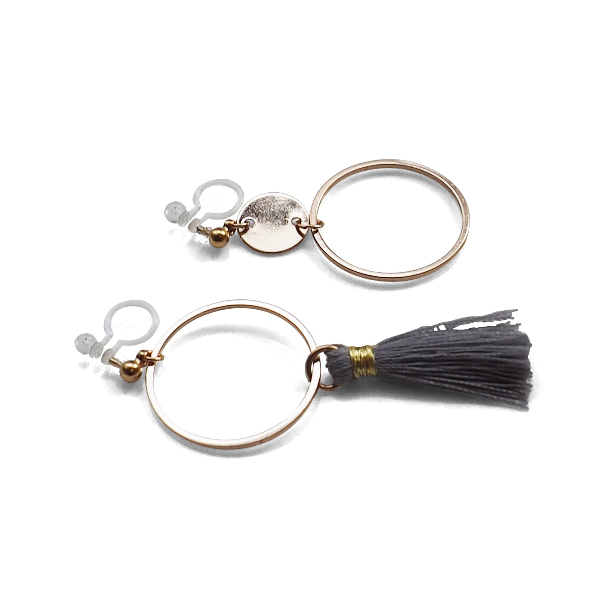 Gray tassel and gold hoop invisible clip on earrings - Miyabi Grace