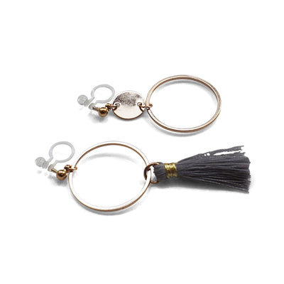Gray tassel and gold hoop invisible clip on earrings - Miyabi Grace