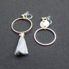 Gray tassel and gold hoop invisible clip on earrings - Miyabi Grace