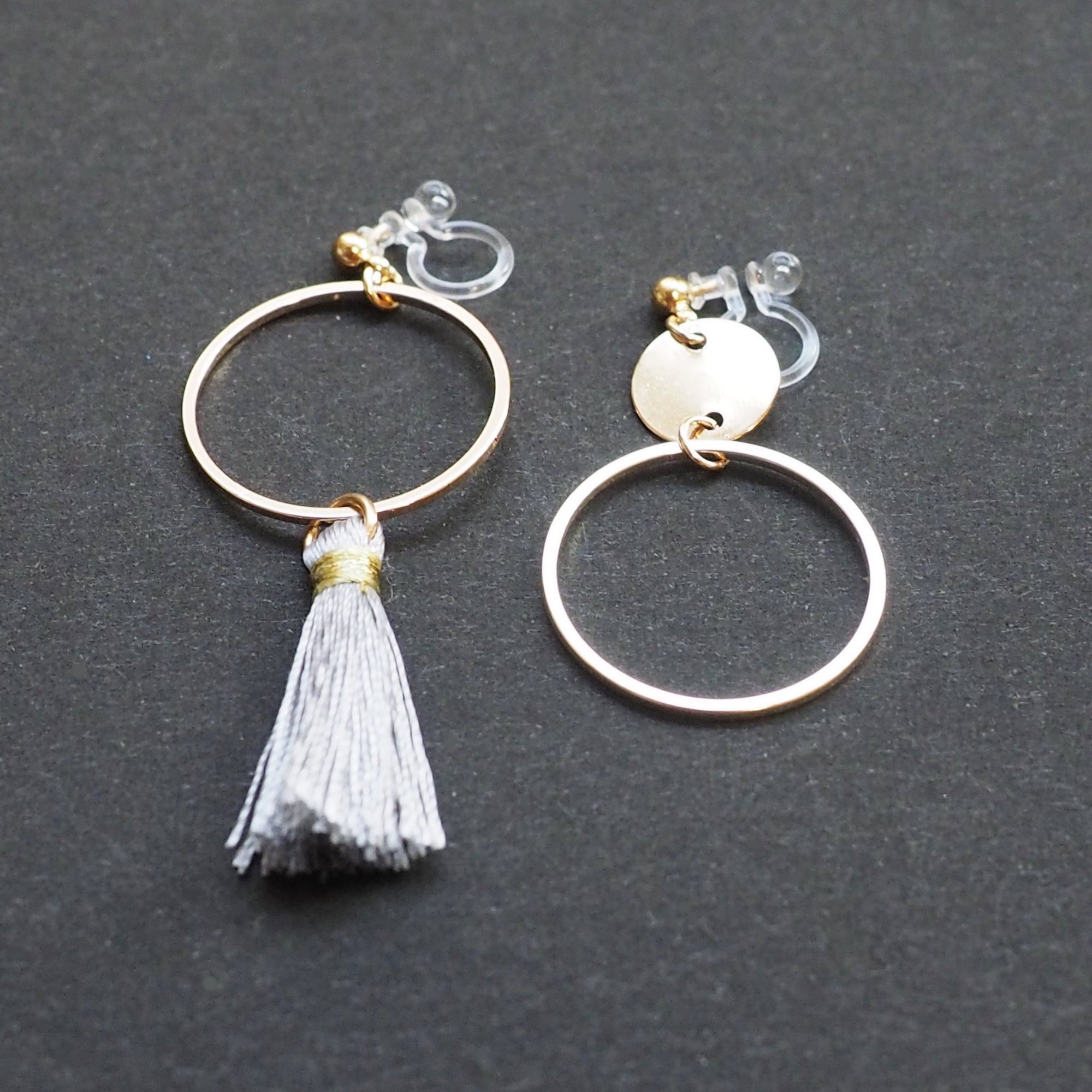Gray tassel and gold hoop invisible clip on earrings - Miyabi Grace