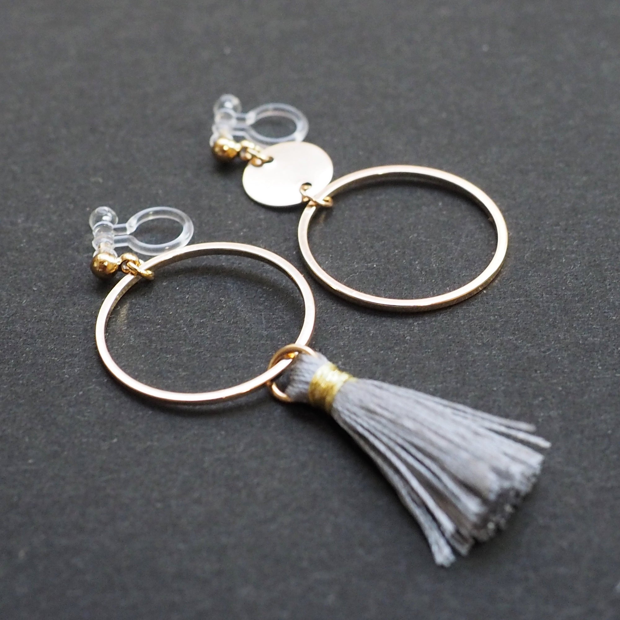 Gray tassel and gold hoop invisible clip on earrings - Miyabi Grace