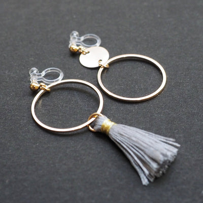 Gray tassel and gold hoop invisible clip on earrings - Miyabi Grace