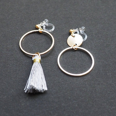 Gray tassel and gold hoop invisible clip on earrings - Miyabi Grace