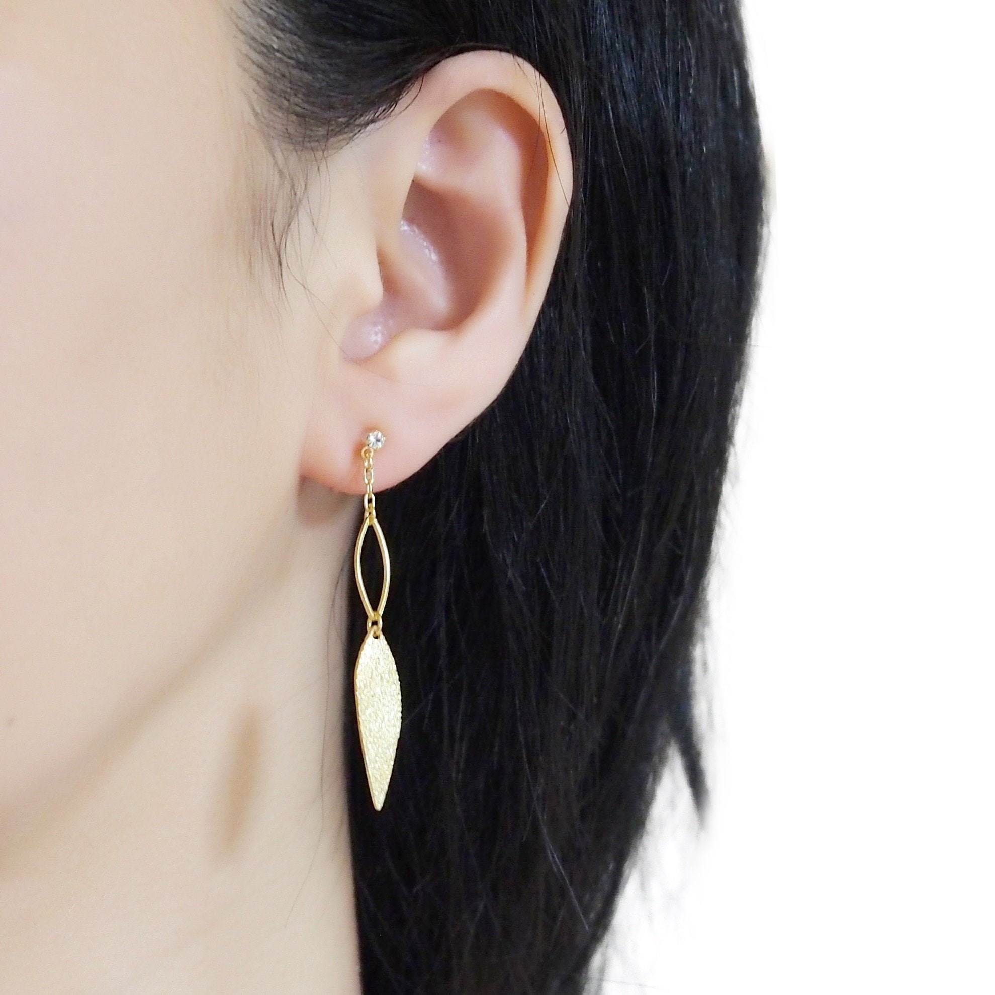 Gold textured metallic leaf invisible clip on earrings - miyabigracejewelry.com
