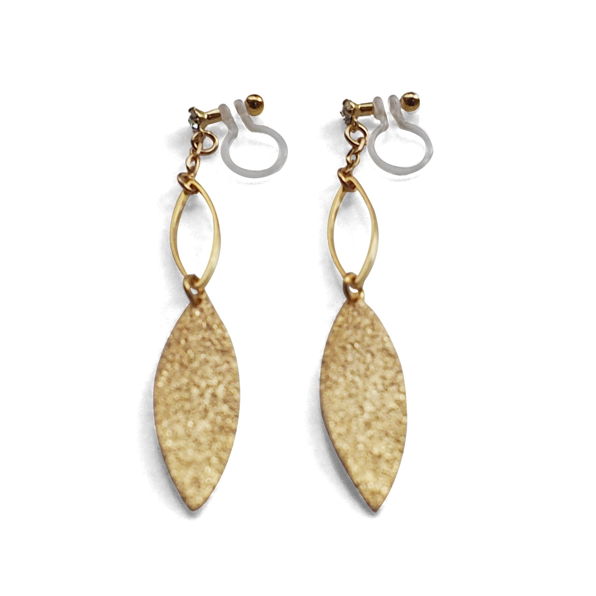 Gold textured metallic leaf invisible clip on earrings - miyabigracejewelry.com