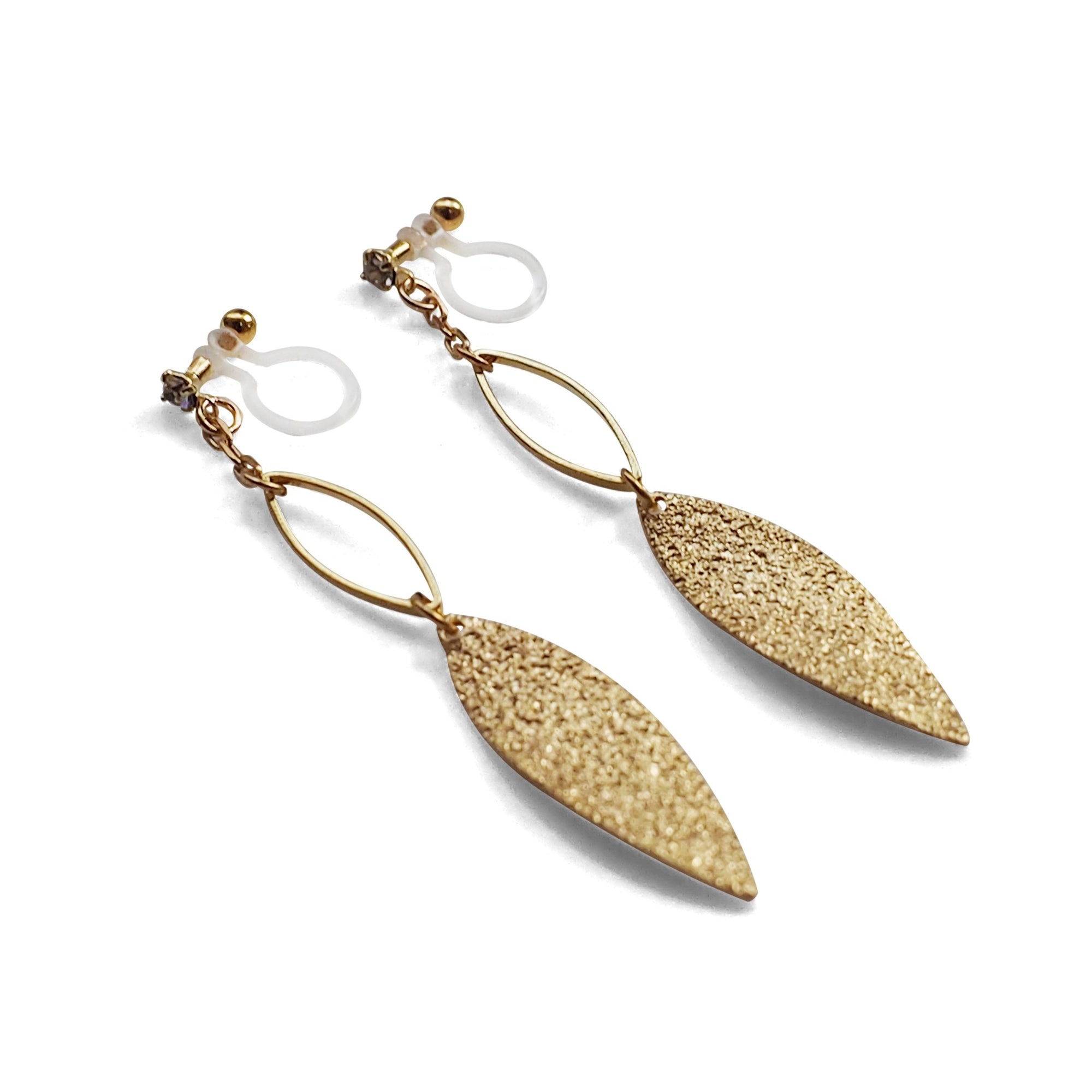 Gold textured metallic leaf invisible clip on earrings - miyabigracejewelry.com