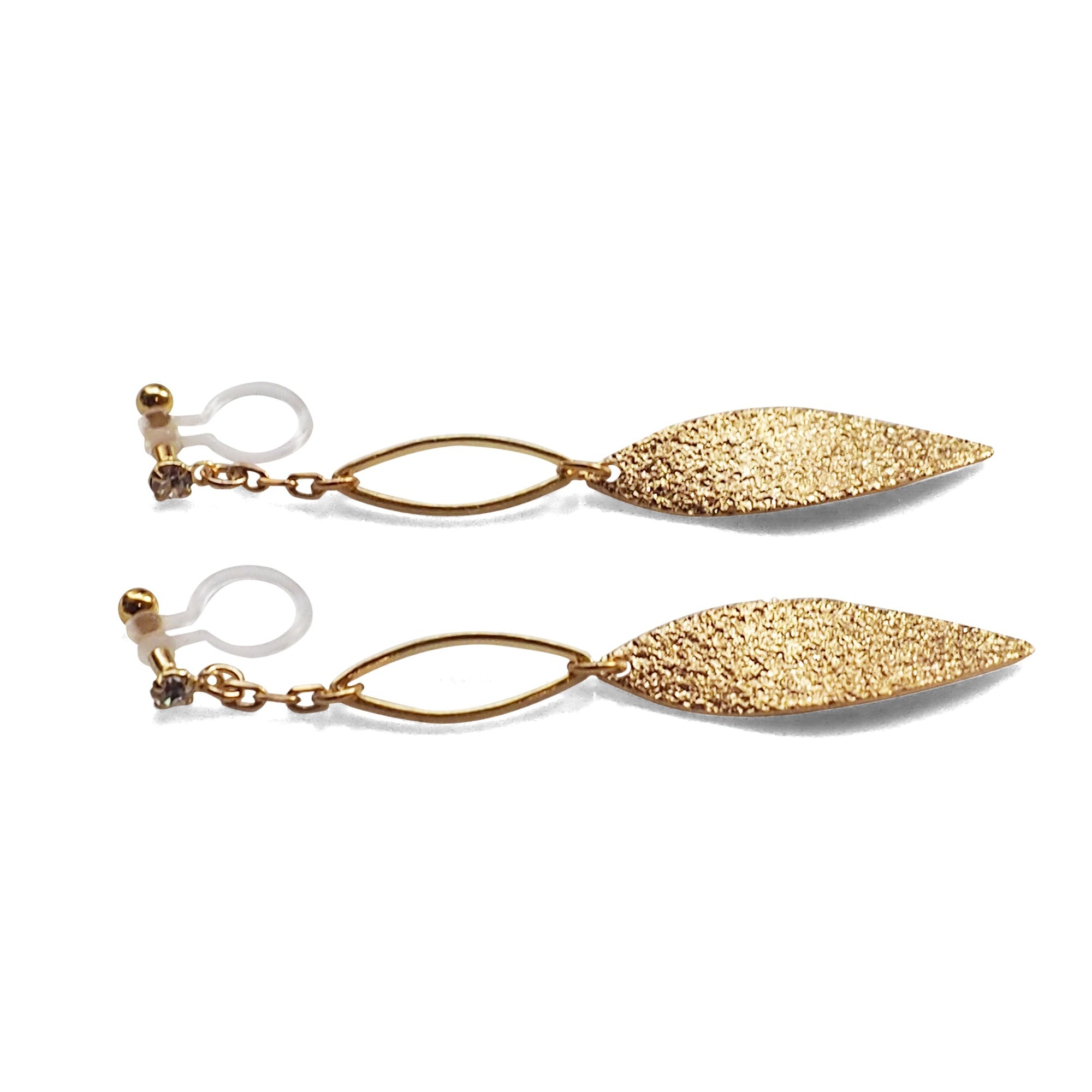 Gold textured metallic leaf invisible clip on earrings - miyabigracejewelry.com