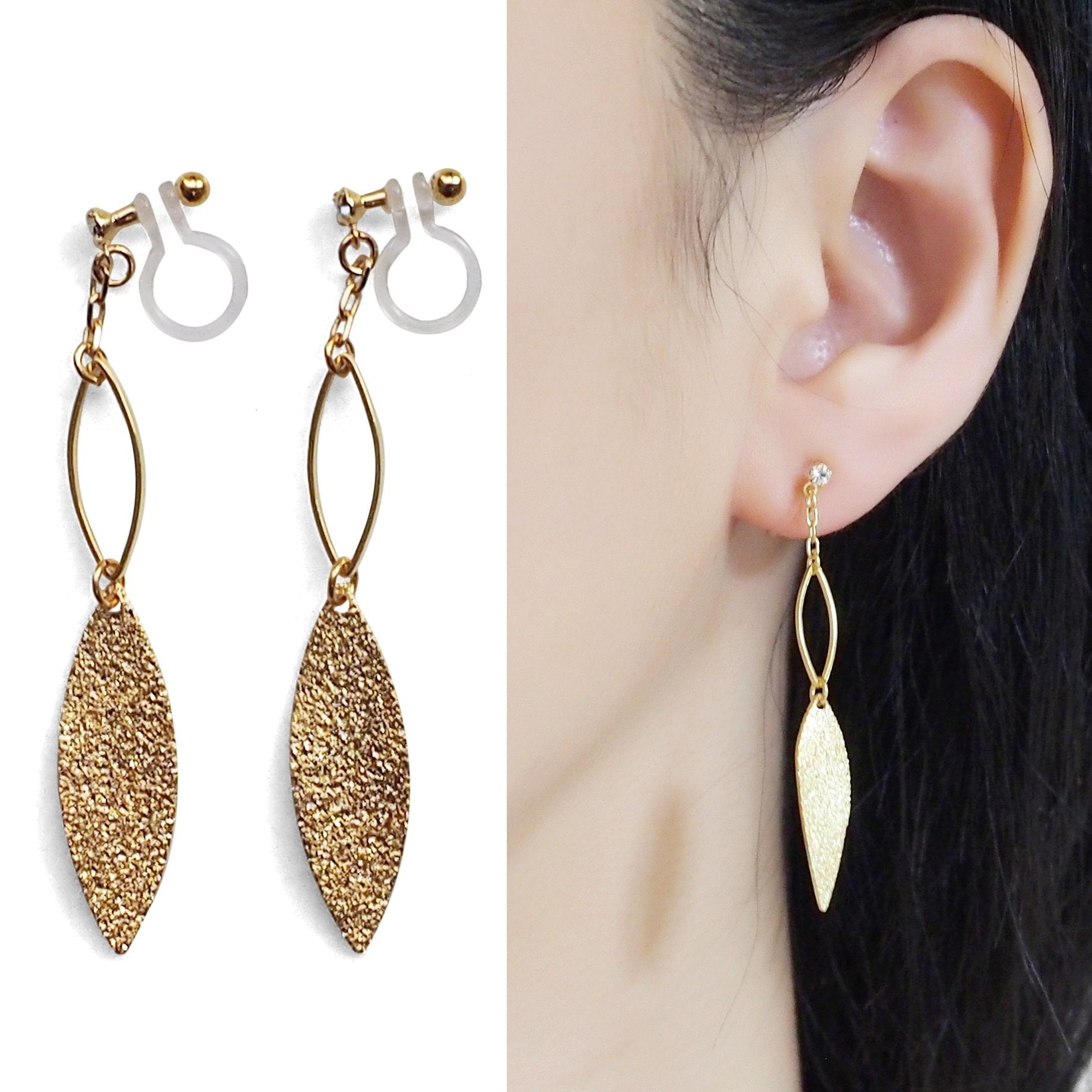 Gold textured metallic leaf invisible clip on earrings - miyabigracejewelry.com