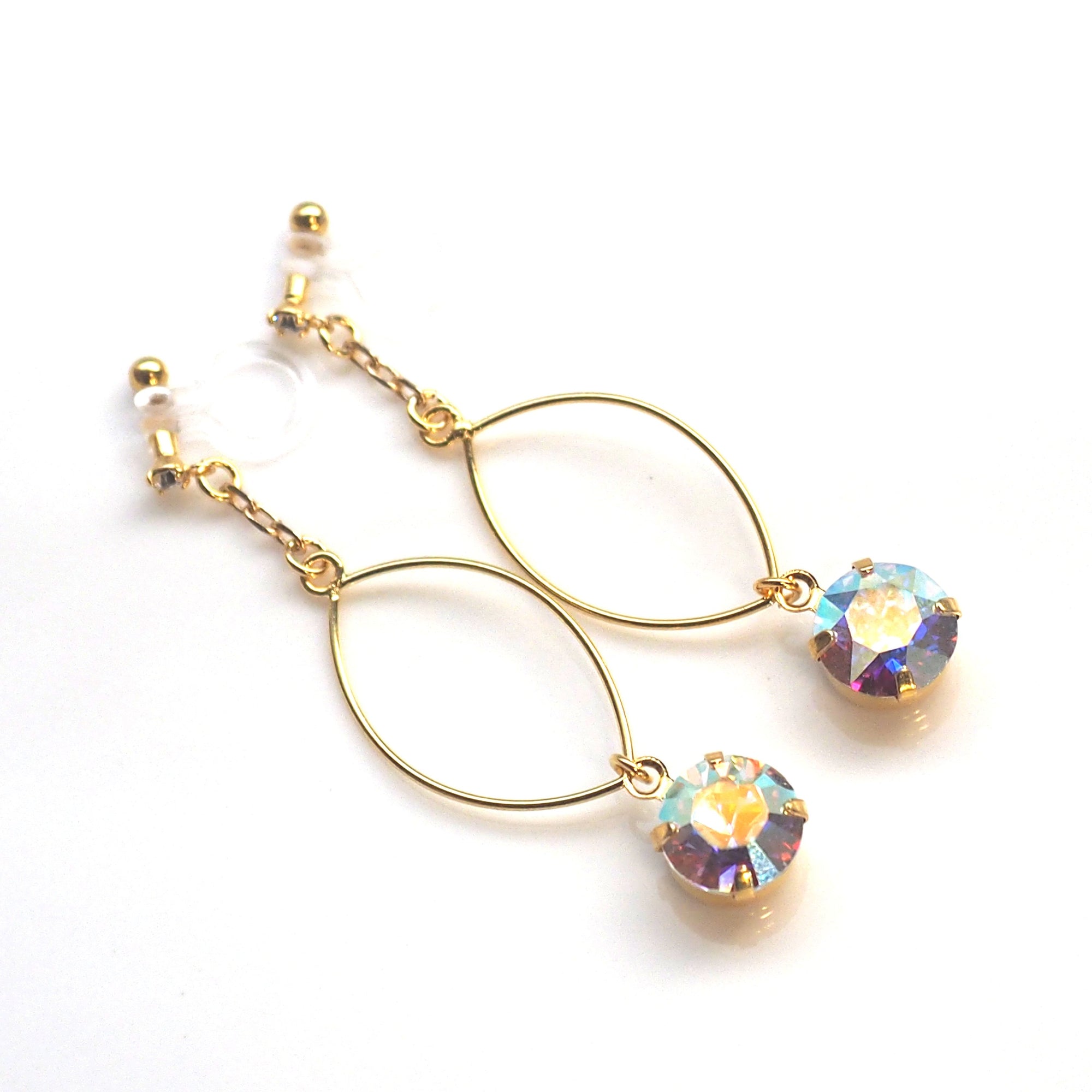Aurora Borealis Swarovski Crystal and Hoop Invisible Clip On Earrings (Gold tone) - Miyabi Grace