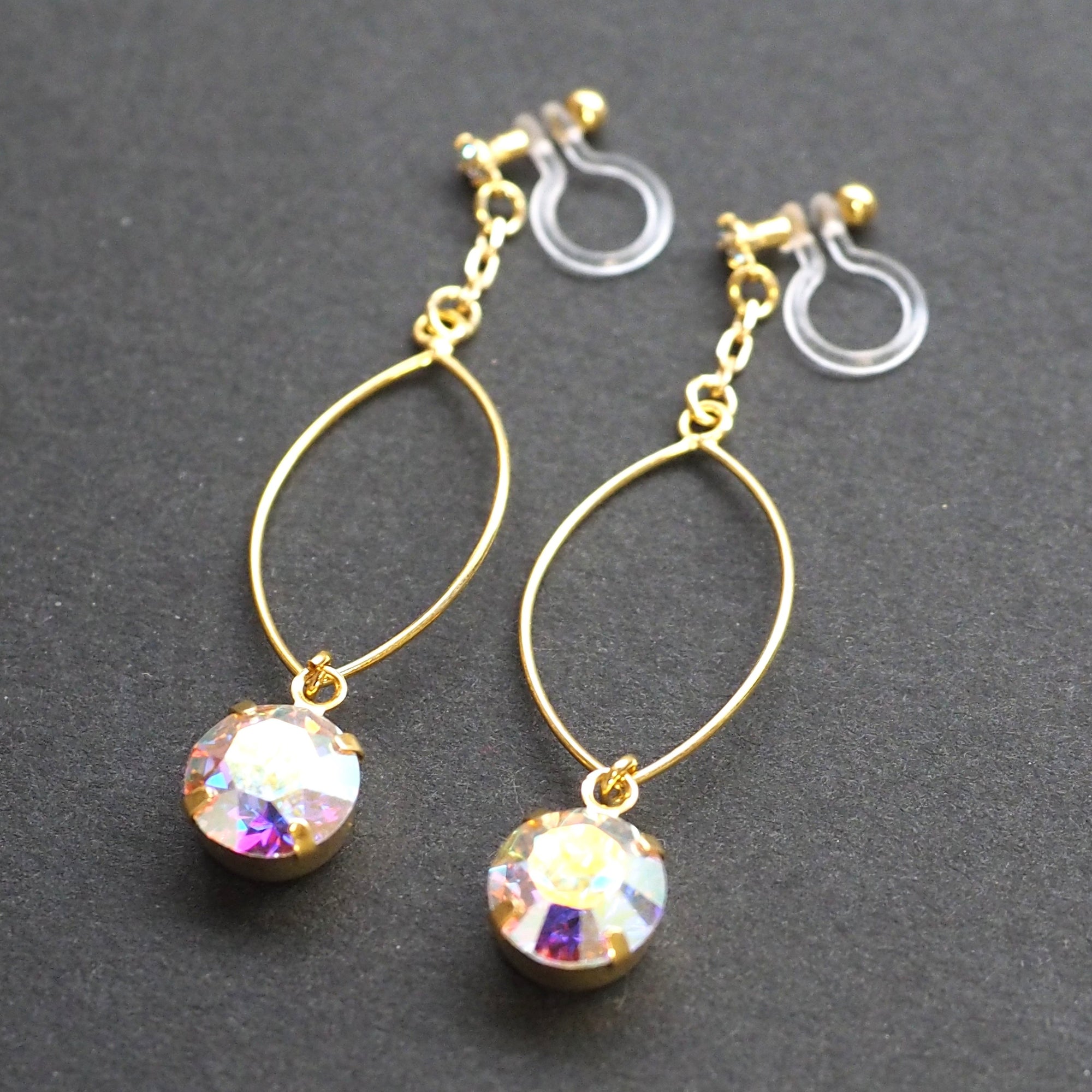 Aurora Borealis Swarovski Crystal and Hoop Invisible Clip On Earrings (Gold tone) - Miyabi Grace