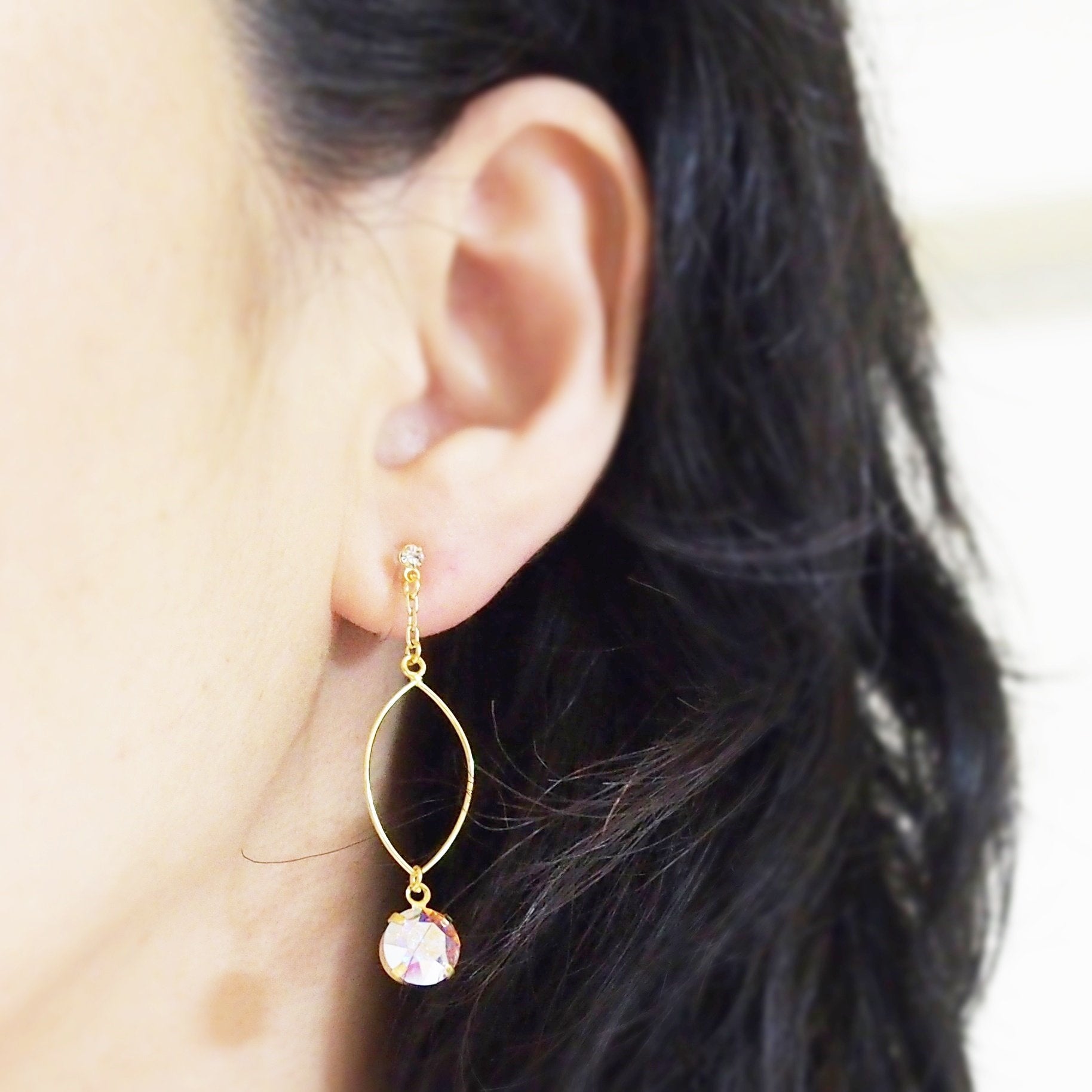 Aurora Borealis Swarovski Crystal and Hoop Invisible Clip On Earrings (Gold tone) - Miyabi Grace