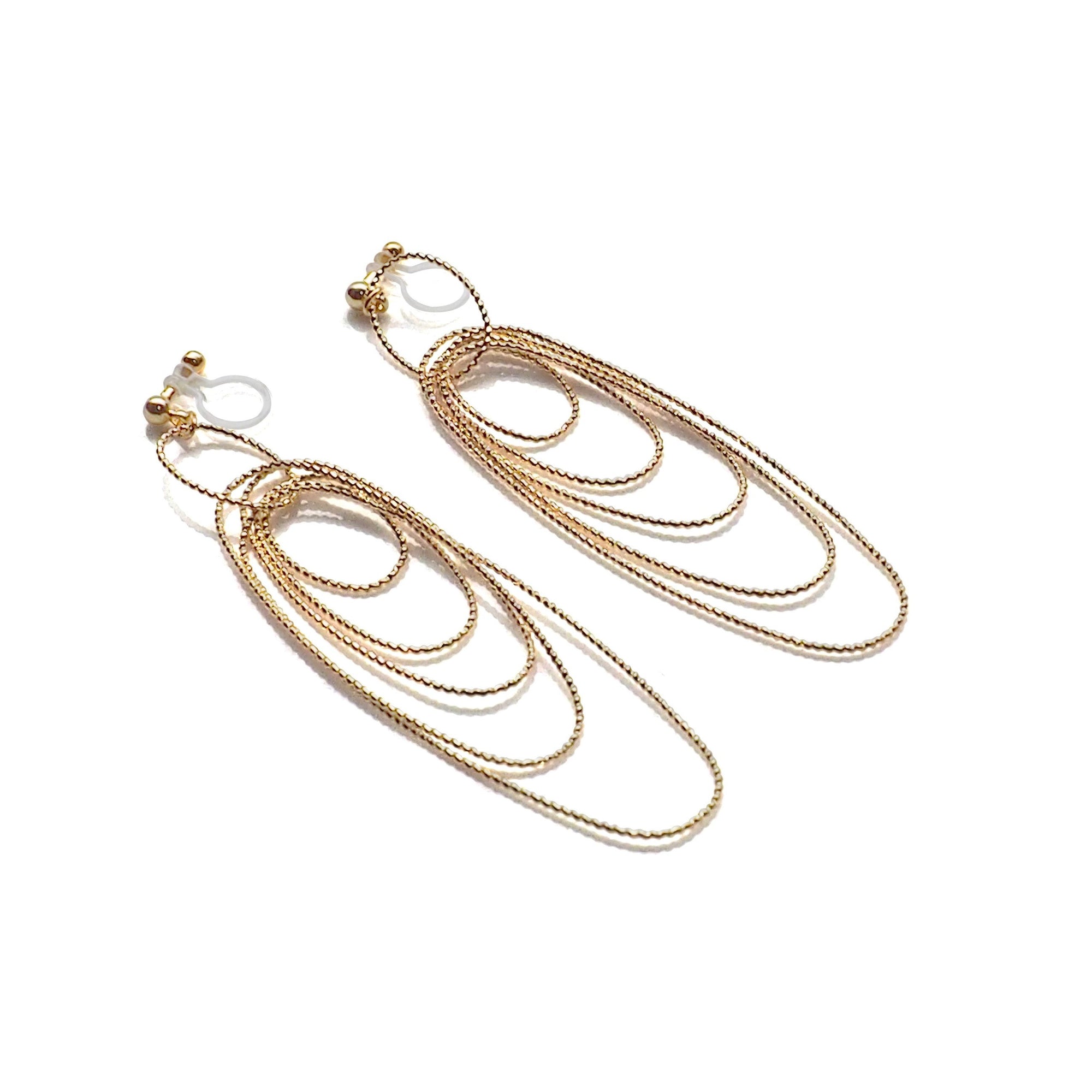 Dangle gold textured hoop invisible clip on earrings - miyabigracejewelry.com