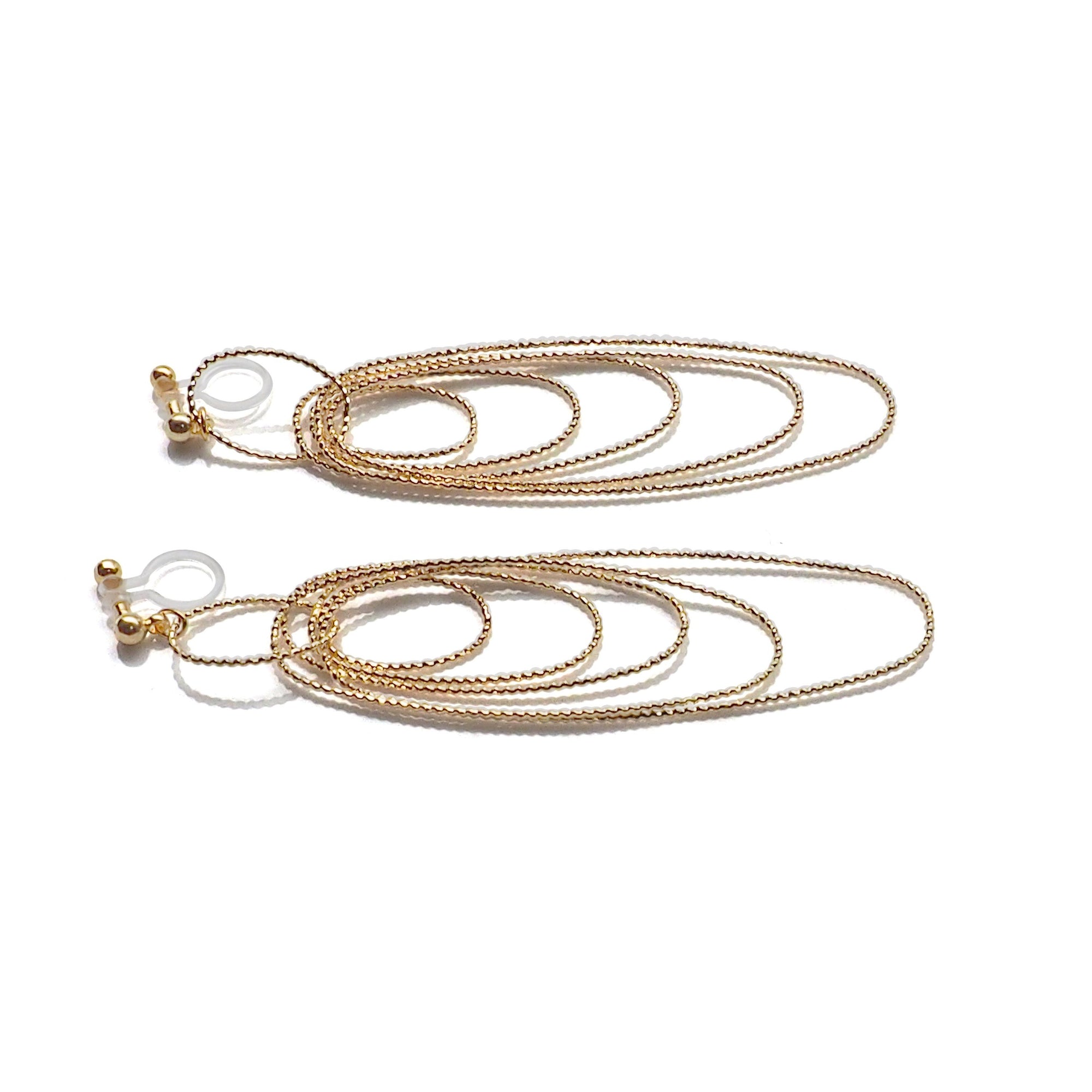 Dangle gold textured hoop invisible clip on earrings - miyabigracejewelry.com