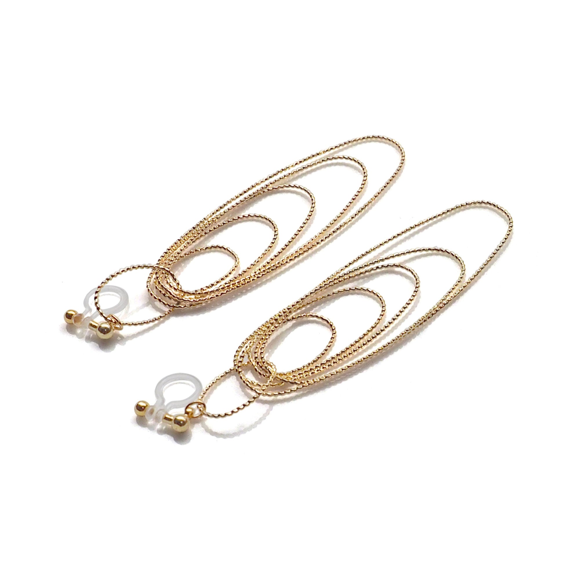 Dangle gold textured hoop invisible clip on earrings - miyabigracejewelry.com