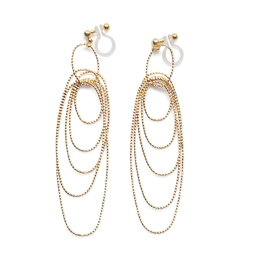 Dangle gold textured hoop invisible clip on earrings - miyabigracejewelry.com
