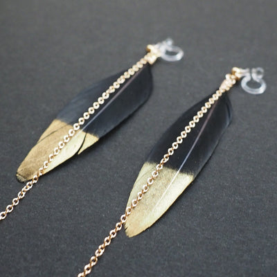 Gold painted black feather invisible clip on earrings - Miyabi Grace