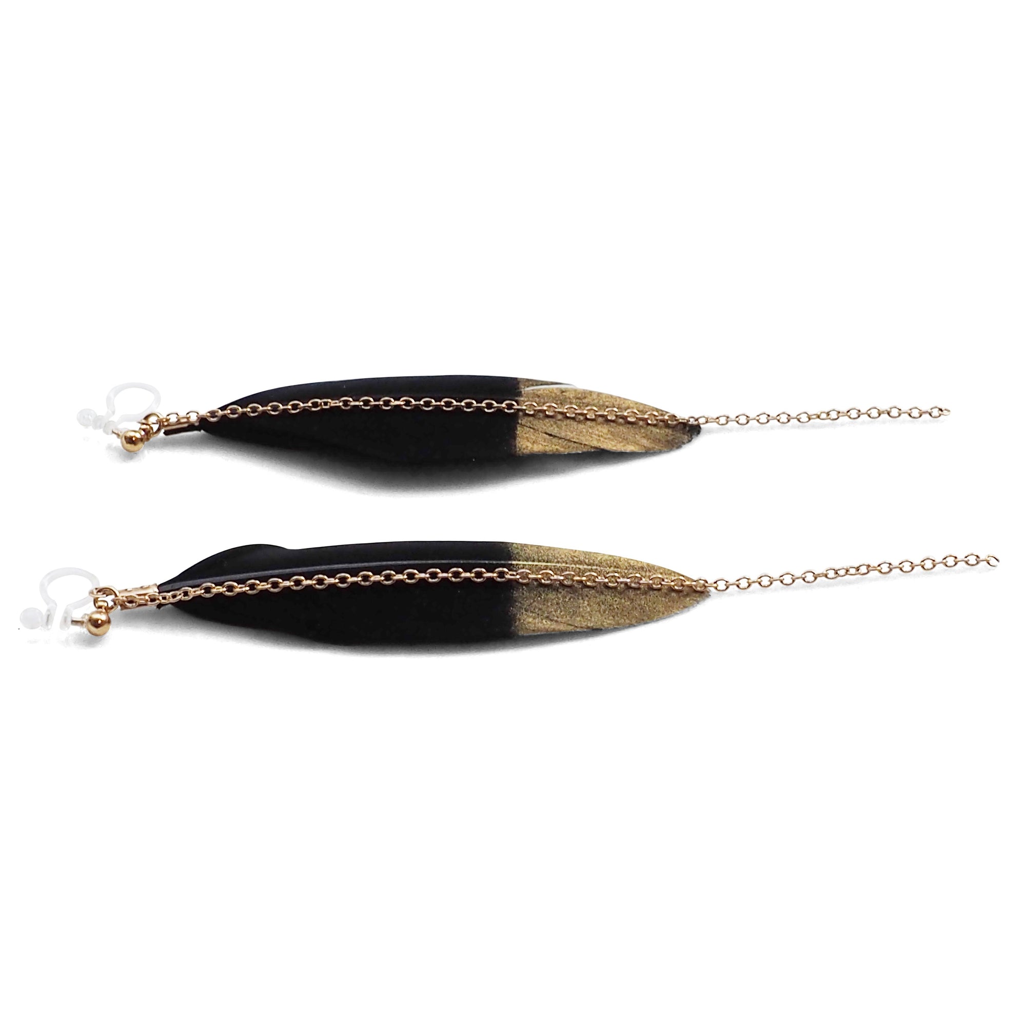 Gold painted black feather invisible clip on earrings - Miyabi Grace
