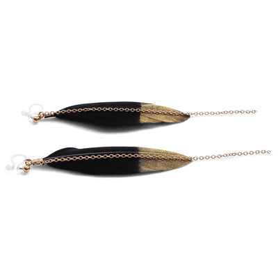 Gold painted black feather invisible clip on earrings - Miyabi Grace